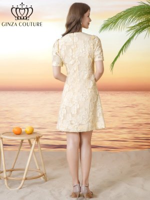 画像9: [送料無料][GINZA COUTURE]ピンク・イエロー・ワンカラー・フリンジジャガード・ラインストーン・パール・半袖・フリル・Aライン・ミニドレス・ワンピース[即日発送][大きいサイズあり]