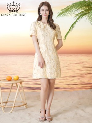 画像11: [送料無料][GINZA COUTURE]ピンク・イエロー・ワンカラー・フリンジジャガード・ラインストーン・パール・半袖・フリル・Aライン・ミニドレス・ワンピース[即日発送][大きいサイズあり]