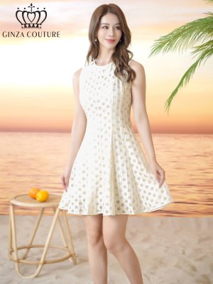 画像2: [送料無料][GINZA COUTURE]ホワイト・ワンカラー・フリンジジャガード・ドット・ノースリーブ・Aライン・フレア・ミニドレス・ワンピース[即日発送][大きいサイズあり]