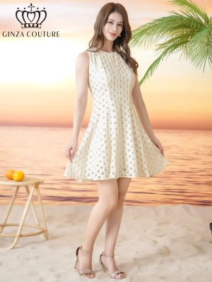 画像5: [送料無料][GINZA COUTURE]ホワイト・ワンカラー・フリンジジャガード・ドット・ノースリーブ・Aライン・フレア・ミニドレス・ワンピース[即日発送][大きいサイズあり]