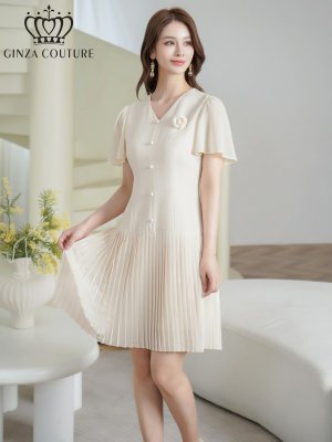 画像5: [送料無料][GINZA COUTURE]アイボリー・ブラック・ピンク・ワンカラー・フリルスリーブ・Vネック・フラワーコサージュ・ボタン・裾プリーツ・Aライン・ミニドレス・ワンピース[即日発送][大きいサイズあり]