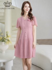 [送料無料][GINZA COUTURE]ピンク・ブラック・アイボリー・ワンカラー・フリルスリーブ・Vネック・フラワーコサージュ・ボタン・裾プリーツ・Aライン・ミニドレス・ワンピース[即日発送][大きいサイズあり]