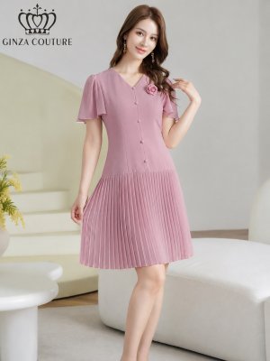 画像8: [送料無料][GINZA COUTURE]アイボリー・ブラック・ピンク・ワンカラー・フリルスリーブ・Vネック・フラワーコサージュ・ボタン・裾プリーツ・Aライン・ミニドレス・ワンピース[即日発送][大きいサイズあり]