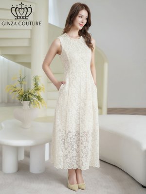 画像2: [送料無料][GINZA COUTURE]ホワイト・ワンカラー・シンプル・総レース・パール・ノースリーブ・インナーミニ・Aライン・ロングドレス[即日発送][大きいサイズあり]