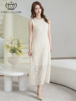 画像5: [送料無料][GINZA COUTURE]ホワイト・ワンカラー・シンプル・総レース・パール・ノースリーブ・インナーミニ・Aライン・ロングドレス[即日発送][大きいサイズあり]