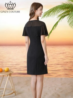 画像3: [送料無料][GINZA COUTURE]ブラック・アイボリー・ワンカラー・ラインストーン・フリルスリーブ・プリーツ・シースルー・シンプル・Aライン・ミニドレス・ワンピース[即日発送][大きいサイズあり]