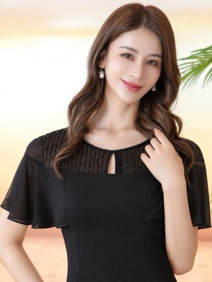 画像4: [送料無料][GINZA COUTURE]ブラック・アイボリー・ワンカラー・ラインストーン・フリルスリーブ・プリーツ・シースルー・シンプル・Aライン・ミニドレス・ワンピース[即日発送][大きいサイズあり]