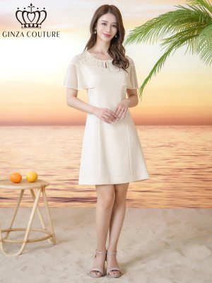 画像5: [送料無料][GINZA COUTURE]アイボリー・ブラック・ワンカラー・ラインストーン・フリルスリーブ・プリーツ・シースルー・シンプル・Aライン・ミニドレス・ワンピース[即日発送][大きいサイズあり]