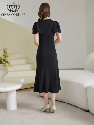 画像3: [送料無料][GINZA COUTURE]ブラック・ホワイト・ワンカラー・シンプル・肩リボン・ラインストーン・タイト・マーメイド・ミディアムドレス・ワンピース[即日発送][大きいサイズあり]