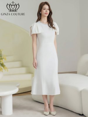 画像2: [送料無料][GINZA COUTURE]ホワイト・ブラック・ワンカラー・シンプル・肩リボン・ラインストーン・タイト・マーメイド・ミディアムドレス・ワンピース[即日発送][大きいサイズあり]