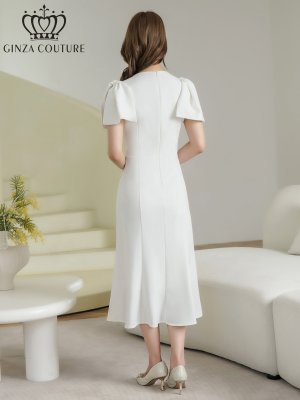 画像3: [送料無料][GINZA COUTURE]ホワイト・ブラック・ワンカラー・シンプル・肩リボン・ラインストーン・タイト・マーメイド・ミディアムドレス・ワンピース[即日発送][大きいサイズあり]