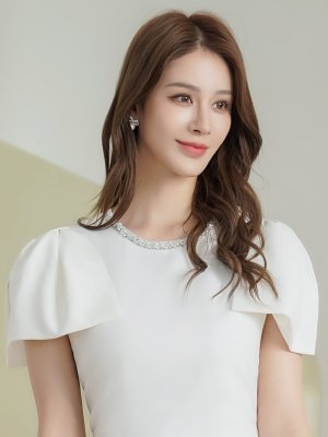 画像4: [送料無料][GINZA COUTURE]ホワイト・ブラック・ワンカラー・シンプル・肩リボン・ラインストーン・タイト・マーメイド・ミディアムドレス・ワンピース[即日発送][大きいサイズあり]