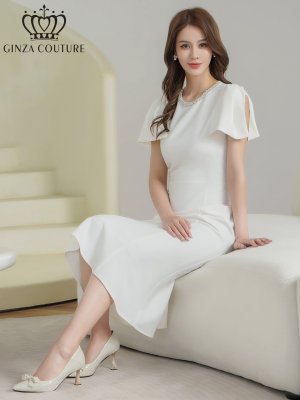 画像6: [送料無料][GINZA COUTURE]ホワイト・ブラック・ワンカラー・シンプル・肩リボン・ラインストーン・タイト・マーメイド・ミディアムドレス・ワンピース[即日発送][大きいサイズあり]