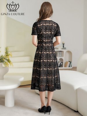 画像3: [送料無料][GINZA COUTURE]ブラック・総レース・ビジューボタン・半袖・フェイクポケット・Aライン・ミディアムドレス・ワンピース[即日発送][大きいサイズあり]