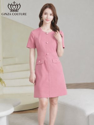 画像7: [送料無料][GINZA COUTURE]ブルー・ピンク・ワンカラー・半袖・Aライン・お花ボタン・シンプル・ミニドレス・ワンピース[即日発送][大きいサイズあり]
