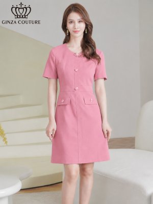 画像2: [送料無料][GINZA COUTURE]ピンク・ブルー・ワンカラー・半袖・Aライン・お花ボタン・シンプル・ミニドレス・ワンピース[即日発送][大きいサイズあり]