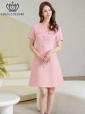 画像2: [送料無料][GINZA COUTURE]ピンク・イエロー・ワンカラー・半袖・Aライン・お花ボタン・フェイクポケット・ミニドレス・ワンピース[即日発送][大きいサイズあり]