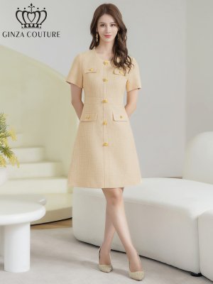 画像5: [送料無料][GINZA COUTURE]イエロー・ピンク・ワンカラー・半袖・Aライン・お花ボタン・フェイクポケット・ミニドレス・ワンピース[即日発送][大きいサイズあり]