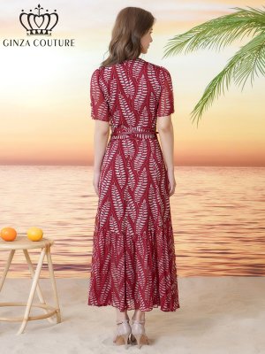 画像3: [送料無料][GINZA COUTURE]レッド・リーフ柄・プリント・Vネック・半袖・ベルト付き・Aライン・ロングドレス[即日発送][大きいサイズあり]
