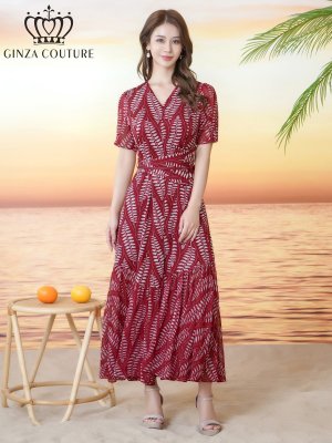 画像5: [送料無料][GINZA COUTURE]レッド・リーフ柄・プリント・Vネック・半袖・ベルト付き・Aライン・ロングドレス[即日発送][大きいサイズあり]