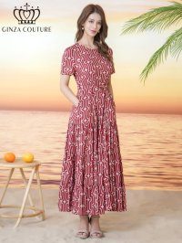 [送料無料][GINZA COUTURE]レッド・ブラック・柄物・プリント・ラウンドネック・半袖・ベルト付き・ポケット・Aライン・ティアード・フレア・ロングドレス[即日発送][大きいサイズあり]