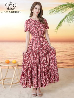 画像2: [送料無料][GINZA COUTURE]レッド・ブラック・柄物・プリント・ラウンドネック・半袖・ベルト付き・ポケット・Aライン・ティアード・フレア・ロングドレス[即日発送][大きいサイズあり]