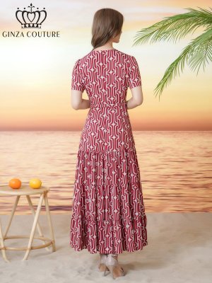 画像3: [送料無料][GINZA COUTURE]レッド・ブラック・柄物・プリント・ラウンドネック・半袖・ベルト付き・ポケット・Aライン・ティアード・フレア・ロングドレス[即日発送][大きいサイズあり]