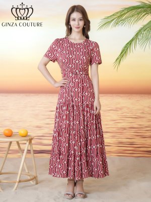 画像5: [送料無料][GINZA COUTURE]レッド・ブラック・柄物・プリント・ラウンドネック・半袖・ベルト付き・ポケット・Aライン・ティアード・フレア・ロングドレス[即日発送][大きいサイズあり]