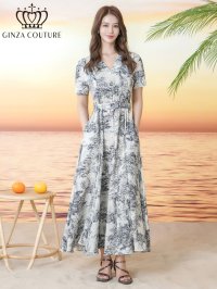 [送料無料][GINZA COUTURE]アイボリー×ブラック・アイボリー×レッド・柄物・Vネック・半袖・ベルト付き・ポケット・Aライン・フレア・ロングドレス[即日発送][大きいサイズあり]