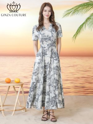 画像1: [送料無料][GINZA COUTURE]アイボリー×ブラック・アイボリー×レッド・柄物・Vネック・半袖・ベルト付き・ポケット・Aライン・フレア・ロングドレス[即日発送][大きいサイズあり]