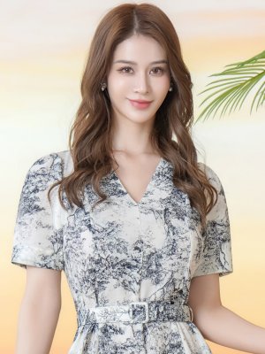 画像4: [送料無料][GINZA COUTURE]アイボリー×ブラック・アイボリー×レッド・柄物・Vネック・半袖・ベルト付き・ポケット・Aライン・フレア・ロングドレス[即日発送][大きいサイズあり]