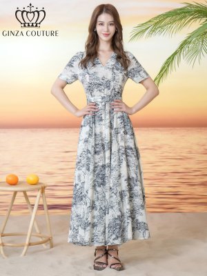 画像5: [送料無料][GINZA COUTURE]アイボリー×ブラック・アイボリー×レッド・柄物・Vネック・半袖・ベルト付き・ポケット・Aライン・フレア・ロングドレス[即日発送][大きいサイズあり]