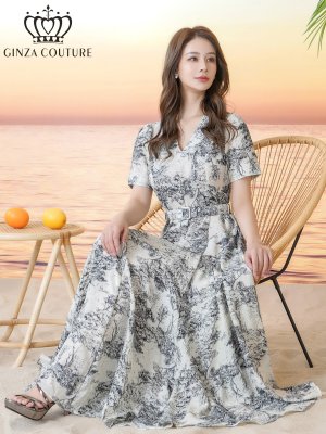 画像6: [送料無料][GINZA COUTURE]アイボリー×ブラック・アイボリー×レッド・柄物・Vネック・半袖・ベルト付き・ポケット・Aライン・フレア・ロングドレス[即日発送][大きいサイズあり]