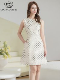[送料無料][GINZA COUTURE]ホワイト・ドット柄・スパンコール・ラインストーン・ポケット・ノースリーブ・Aライン・ミニドレス・ワンピース[即日発送][大きいサイズあり]