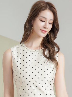 画像4: [送料無料][GINZA COUTURE]ホワイト・ドット柄・スパンコール・ラインストーン・ポケット・ノースリーブ・Aライン・ミニドレス・ワンピース[即日発送][大きいサイズあり]