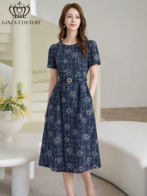 画像7: [送料無料][GINZA COUTURE]ピンク・ネイビー・ジャガード・花柄・半袖・ベルト付き・Aライン・フレア・ミディアムドレス・ワンピース[即日発送][大きいサイズあり]