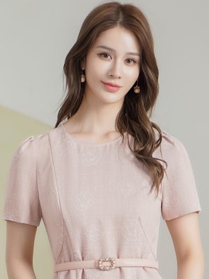 画像4: [送料無料][GINZA COUTURE]ピンク・ネイビー・ジャガード・花柄・半袖・ベルト付き・Aライン・フレア・ミディアムドレス・ワンピース[即日発送][大きいサイズあり]