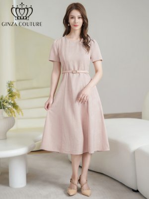 画像5: [送料無料][GINZA COUTURE]ピンク・ネイビー・ジャガード・花柄・半袖・ベルト付き・Aライン・フレア・ミディアムドレス・ワンピース[即日発送][大きいサイズあり]