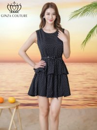 [送料無料][GINZA COUTURE]ブラック・プリント・ドット柄・ベルト付き・ティアード・フレア・Aライン・ノースリーブ・ミニドレス・ワンピース[即日発送][大きいサイズあり]