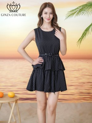 画像1: [送料無料][GINZA COUTURE]ブラック・プリント・ドット柄・ベルト付き・ティアード・フレア・Aライン・ノースリーブ・ミニドレス・ワンピース[即日発送][大きいサイズあり]