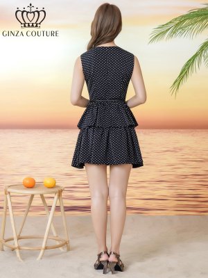 画像3: [送料無料][GINZA COUTURE]ブラック・プリント・ドット柄・ベルト付き・ティアード・フレア・Aライン・ノースリーブ・ミニドレス・ワンピース[即日発送][大きいサイズあり]