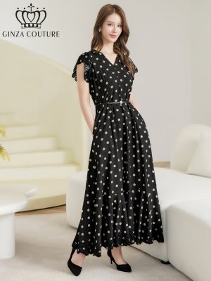 画像2: [送料無料][GINZA COUTURE]ブラック・プリント・ドット柄・Vネック・フレンチスリーブ・ベルト付き・ポケット・ティアード・Aライン・レース切替・ロングドレス[即日発送][大きいサイズあり]