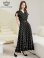 画像2: [送料無料][GINZA COUTURE]ブラック・プリント・ドット柄・Vネック・フレンチスリーブ・ベルト付き・ポケット・ティアード・Aライン・レース切替・ロングドレス[即日発送][大きいサイズあり] (2)