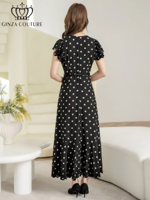画像3: [送料無料][GINZA COUTURE]ブラック・プリント・ドット柄・Vネック・フレンチスリーブ・ベルト付き・ポケット・ティアード・Aライン・レース切替・ロングドレス[即日発送][大きいサイズあり]