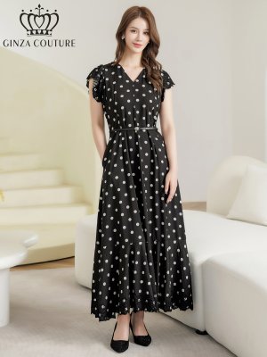 画像5: [送料無料][GINZA COUTURE]ブラック・プリント・ドット柄・Vネック・フレンチスリーブ・ベルト付き・ポケット・ティアード・Aライン・レース切替・ロングドレス[即日発送][大きいサイズあり]