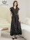 画像5: [送料無料][GINZA COUTURE]ブラック・プリント・ドット柄・Vネック・フレンチスリーブ・ベルト付き・ポケット・ティアード・Aライン・レース切替・ロングドレス[即日発送][大きいサイズあり] (5)