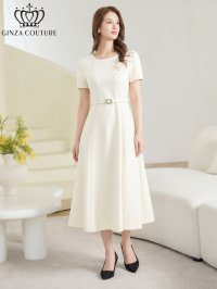 [送料無料][GINZA COUTURE]アイボリー・ピンク・ネイビー・ワンカラー・シンプル・フラワーモチーフ・半袖・ベルト付き・Aライン・フレア・ミディアムドレス・ワンピース[即日発送][大きいサイズあり]