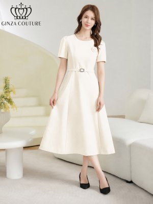 画像2: [送料無料][GINZA COUTURE]アイボリー・ピンク・ネイビー・ワンカラー・シンプル・フラワーモチーフ・半袖・ベルト付き・Aライン・フレア・ミディアムドレス・ワンピース[即日発送][大きいサイズあり]