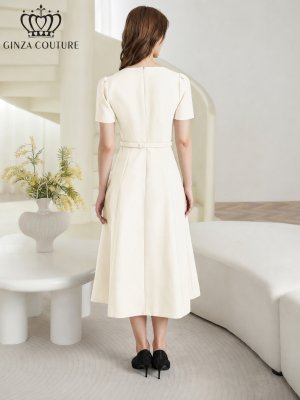 画像3: [送料無料][GINZA COUTURE]アイボリー・ピンク・ネイビー・ワンカラー・シンプル・フラワーモチーフ・半袖・ベルト付き・Aライン・フレア・ミディアムドレス・ワンピース[即日発送][大きいサイズあり]