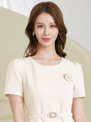 画像4: [送料無料][GINZA COUTURE]アイボリー・ピンク・ネイビー・ワンカラー・シンプル・フラワーモチーフ・半袖・ベルト付き・Aライン・フレア・ミディアムドレス・ワンピース[即日発送][大きいサイズあり]